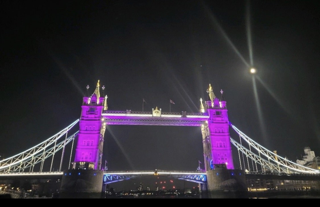 London's Tower Bridge was lit up in purple in honor of Queen Elizabeth who passed away at age 96 on Sept. 8, 2022