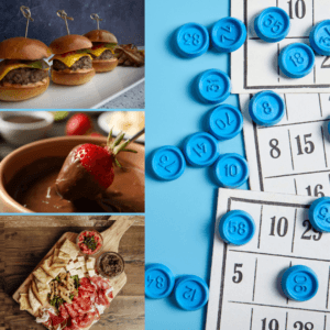 a bingo card with a plate of cheeseburger sliders, chocolate dipped strawberry and charcuterie board