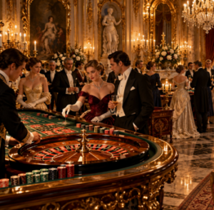 elegant casino setting around a roulette wheel
