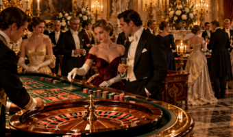 elegant casino setting around a roulette wheel
