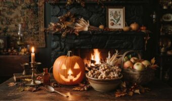 A warmly lit, rustic still life of an antique wooden table in front of a fireplace, featuring a glowing jack-o'-lantern, a bowl of popcorn balls, and a basket of apples, decorated with autumn leaves and vintage objects.