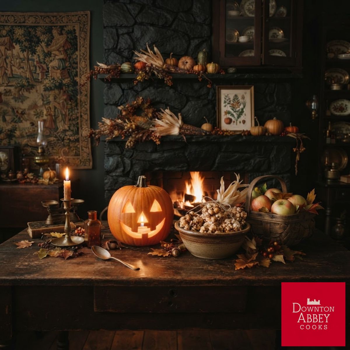 A warmly lit, rustic still life of an antique wooden table in front of a fireplace, featuring a glowing jack-o'-lantern, a bowl of popcorn balls, and a basket of apples, decorated with autumn leaves and vintage objects.