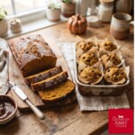 A rustic kitchen counter features a sliced loaf of pumpkin bread with melted chocolate chips alongside six parchment-lined muffins in a baking dish, a knife on a wooden board, a small bowl of chocolate spread, and a decorative pumpkin in the background.