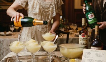 Two women in period-appropriate attire prepare a vintage-style Gilded Age lemon punch in an elegant, dining room setting, with one pouring champagne over a scoop of sorbet while the other holds a bottle of Canada Dry ginger ale next to bottles of Bacardi Gold rum and Courvoisier brandy and an open recipe book.